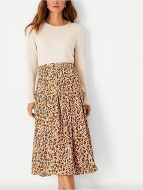 Ann Taylor Pleated Animal Print Midi Skirt Beige Brown 0 Office Career Work